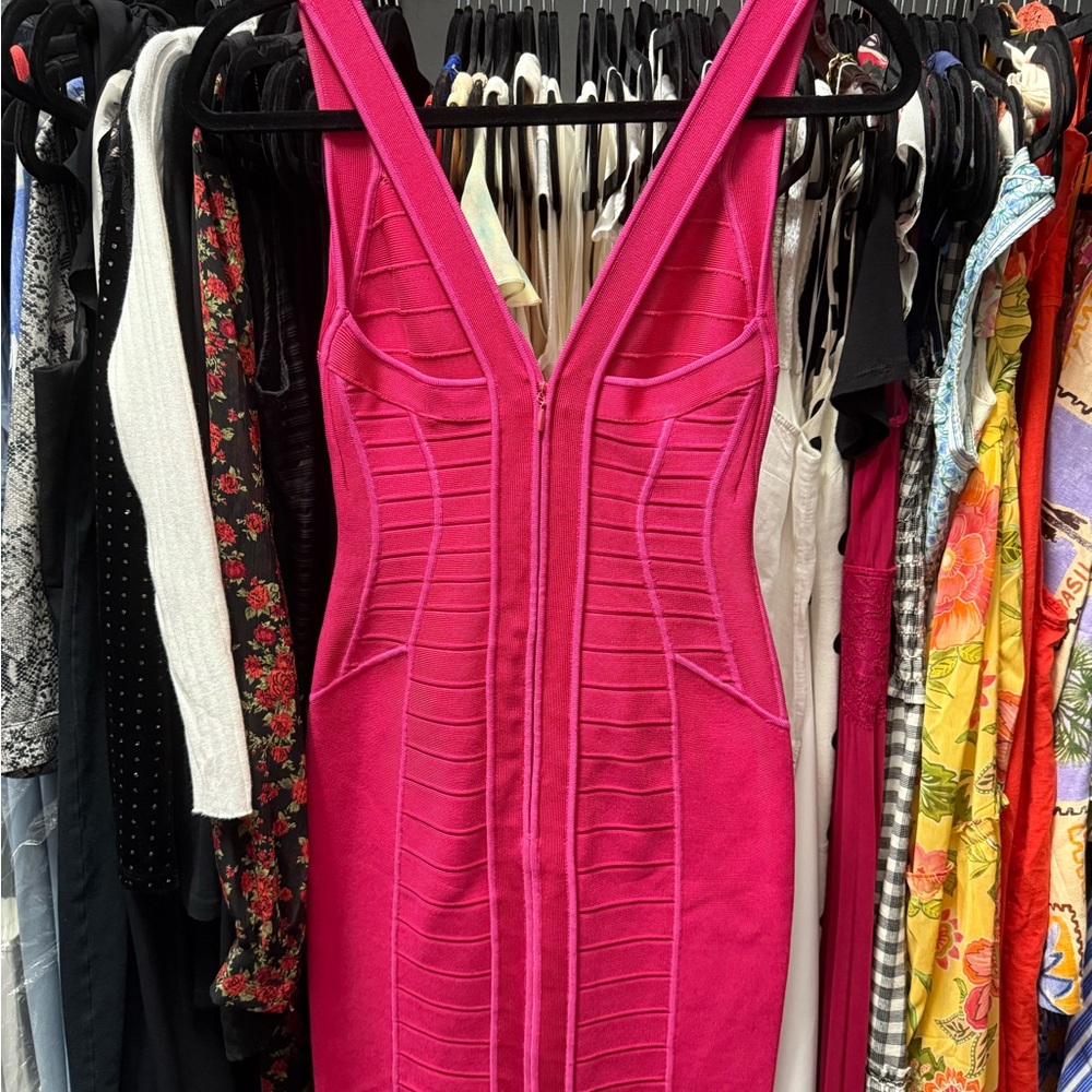 Herve Leger Pink Bodycon Dress V-Neck Sleeveless